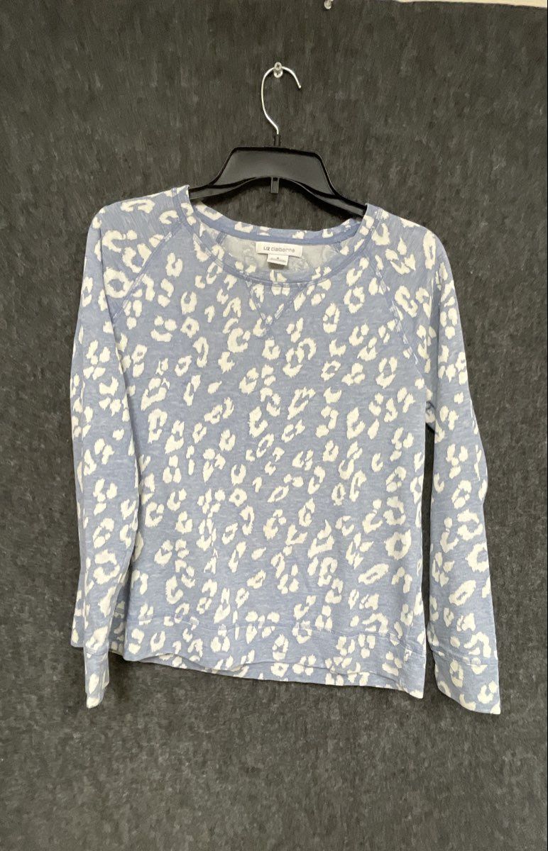 Liz Claiborne Women's Blue White Leopard Animal Print Raglan Sweatshirt Sz S