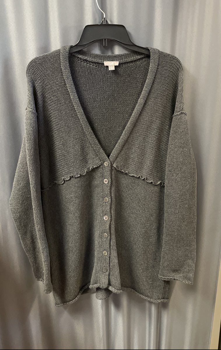 J. Jill Women's Gray 100% Cotton Button Front V-Neck Ruffle Cardigan Size L