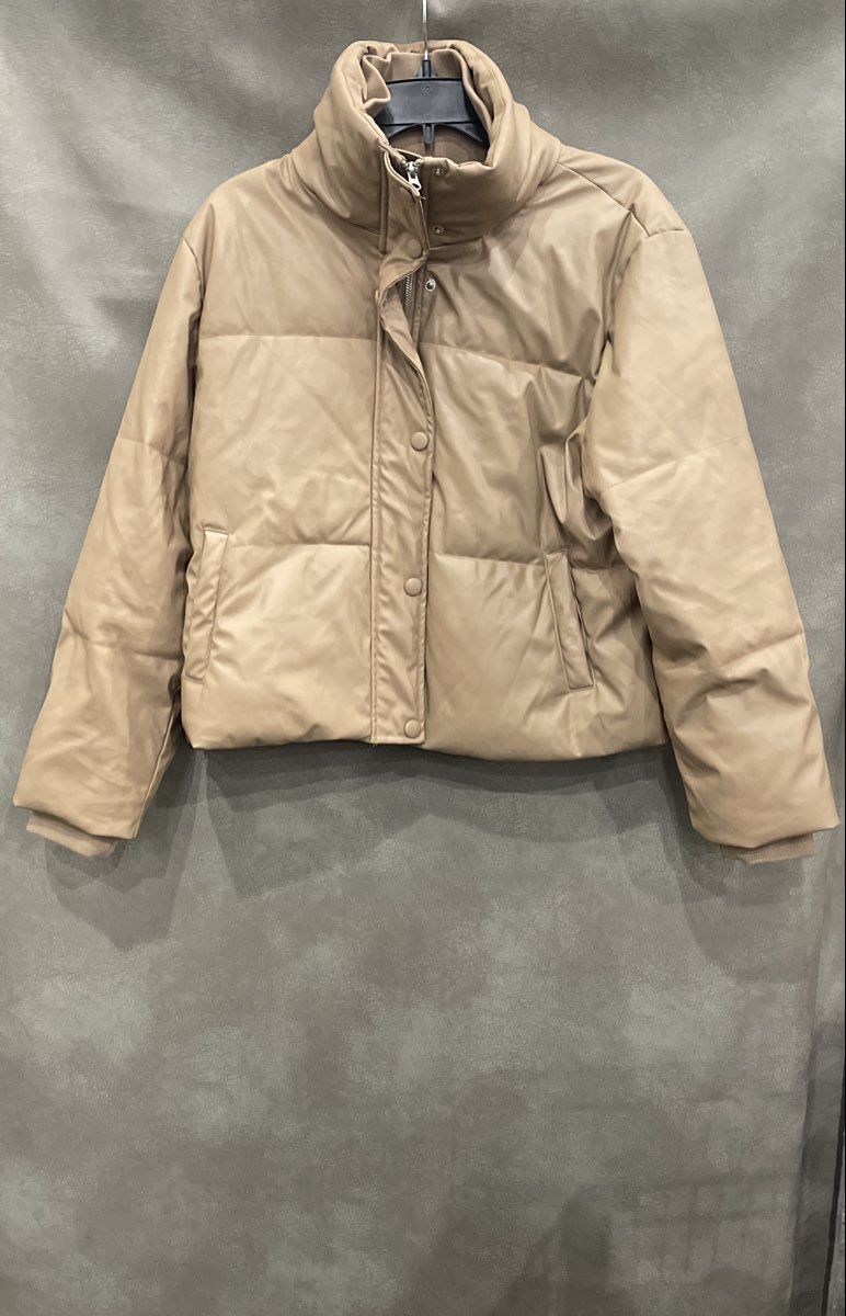 Prologue Women's Brown Faux Leather Puffer Jacket Quilted Full Zip Sz L