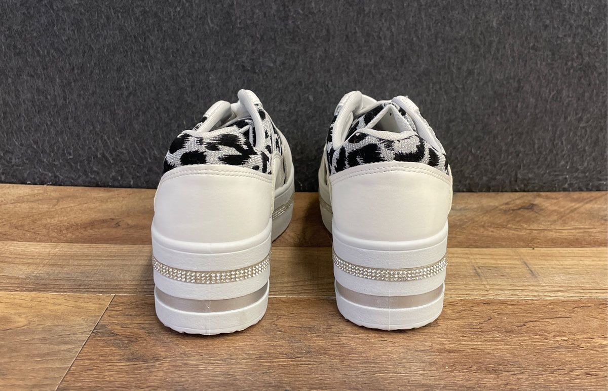 Top Moda White Rhinestone Metallic Leopard Print Platform Sneakers Size 6.5