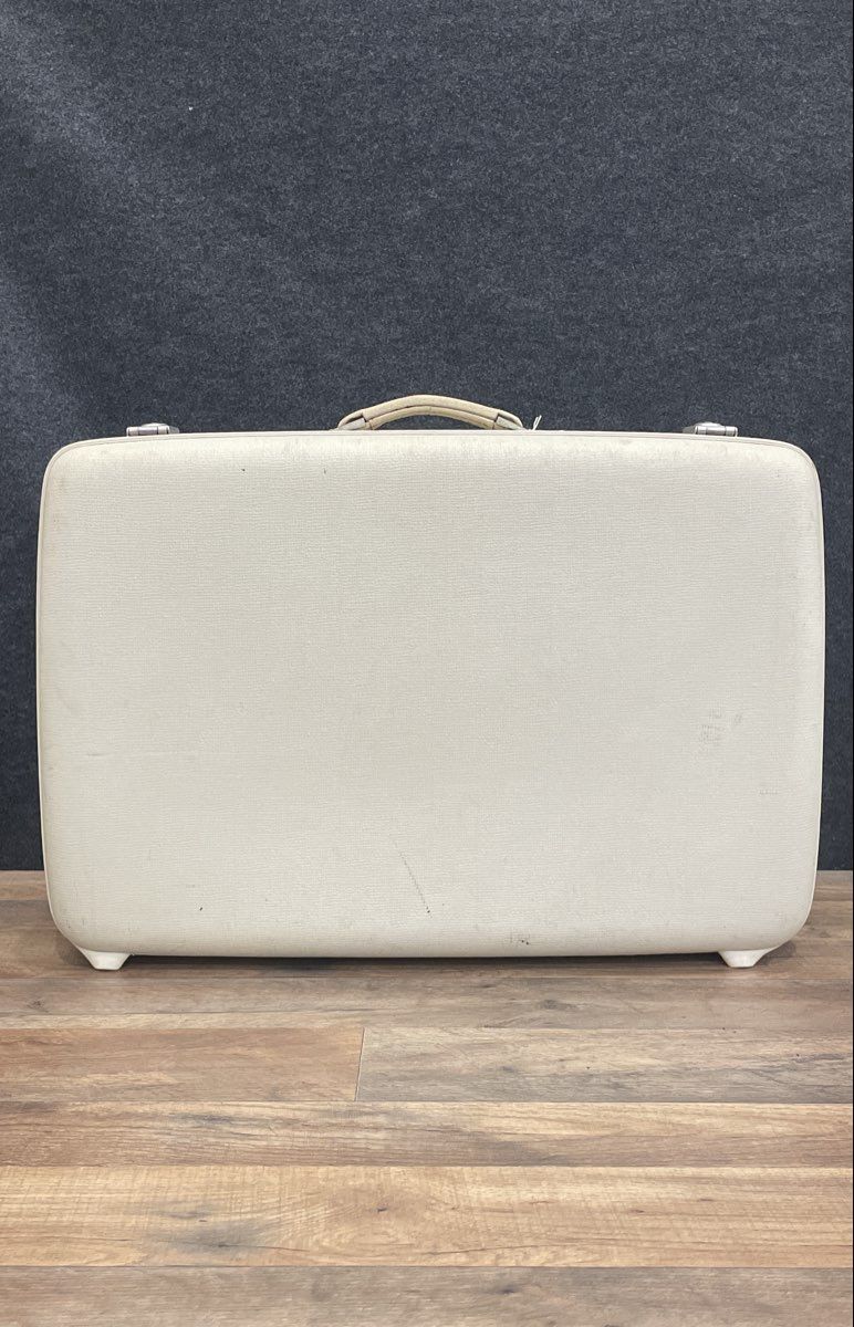 Vintage American Tourister White Hard Shell Suitcase Red Quilted Interior