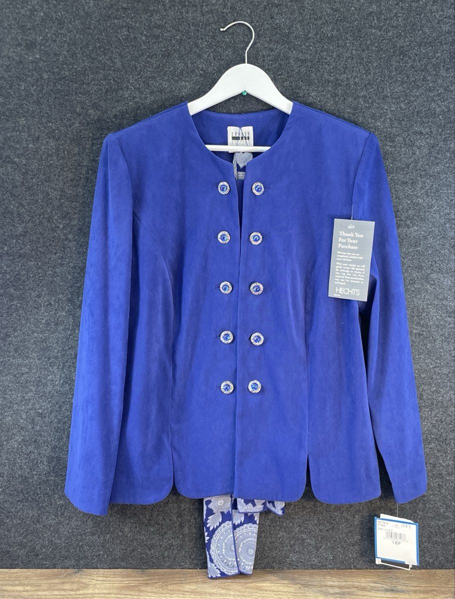 Vintage 90s Leslie Fay Women's Royal Blue Jacket Set NWT Scarf Sz 16P
