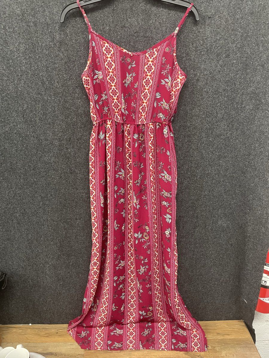 Pink Rose Vintage Women's Burgundy Floral Boho Spaghetti Strap Maxi Dress Sz M