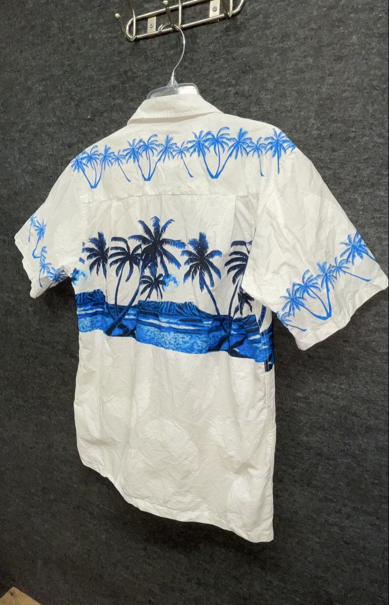 Favant Men's White Blue Tropical Palm Tree Island Cotton Aloha Shirt Sz M