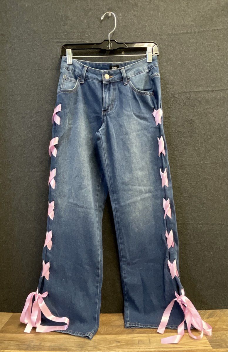 Simple Society Women's Blue Pink Ribbon Lace-Up Side Jeans Sz 1/25