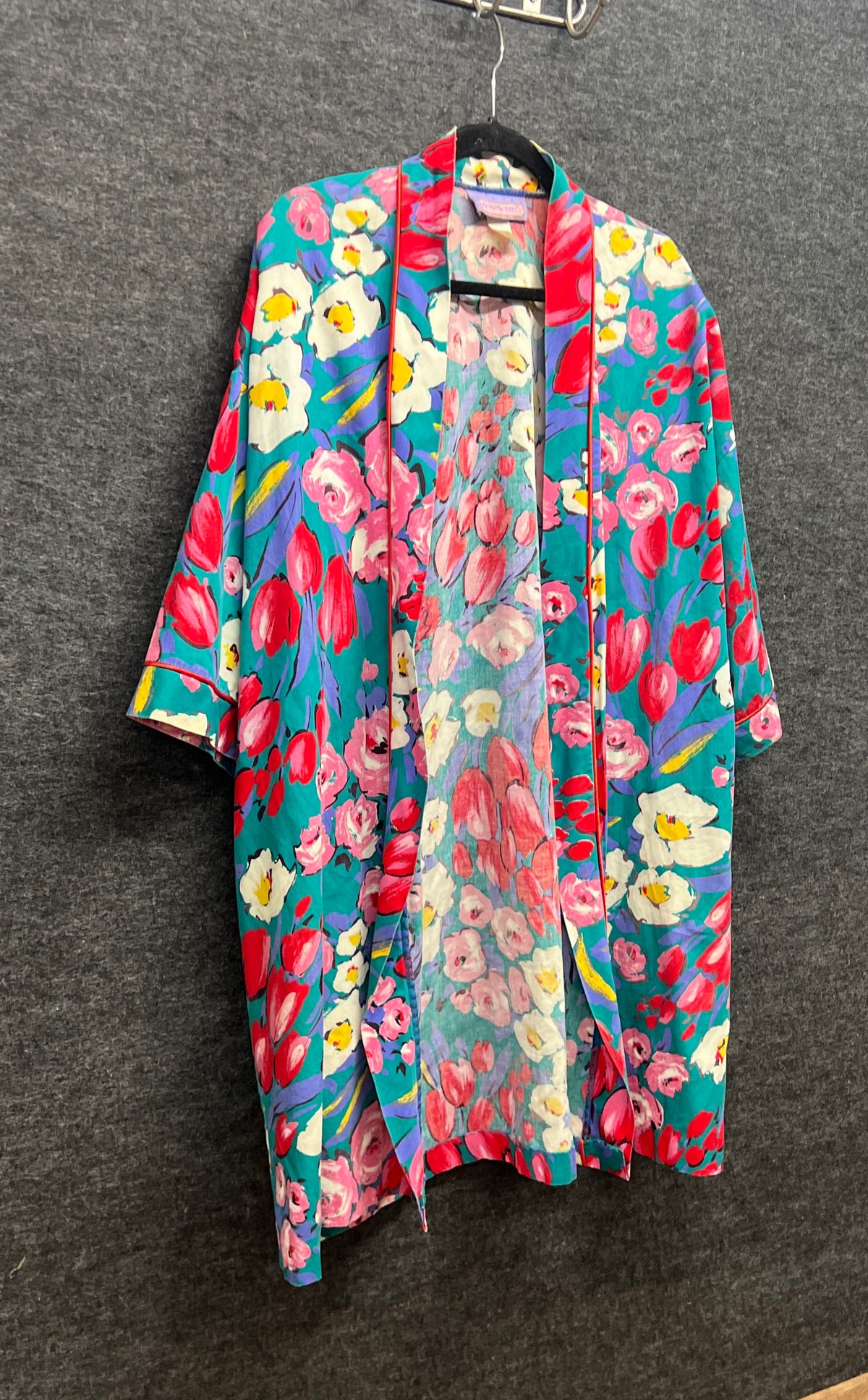 Vintage 90s Beth Michaels Women's Floral Open Front Robe Housecoat Teal Sz M