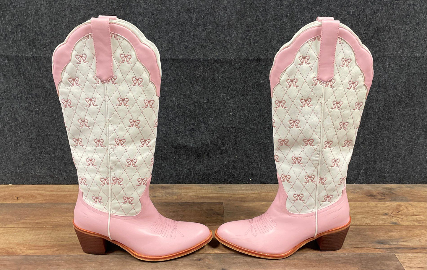 Pink White Bow Embroidered Quilted Western Cowboy Boots Women's Size 8