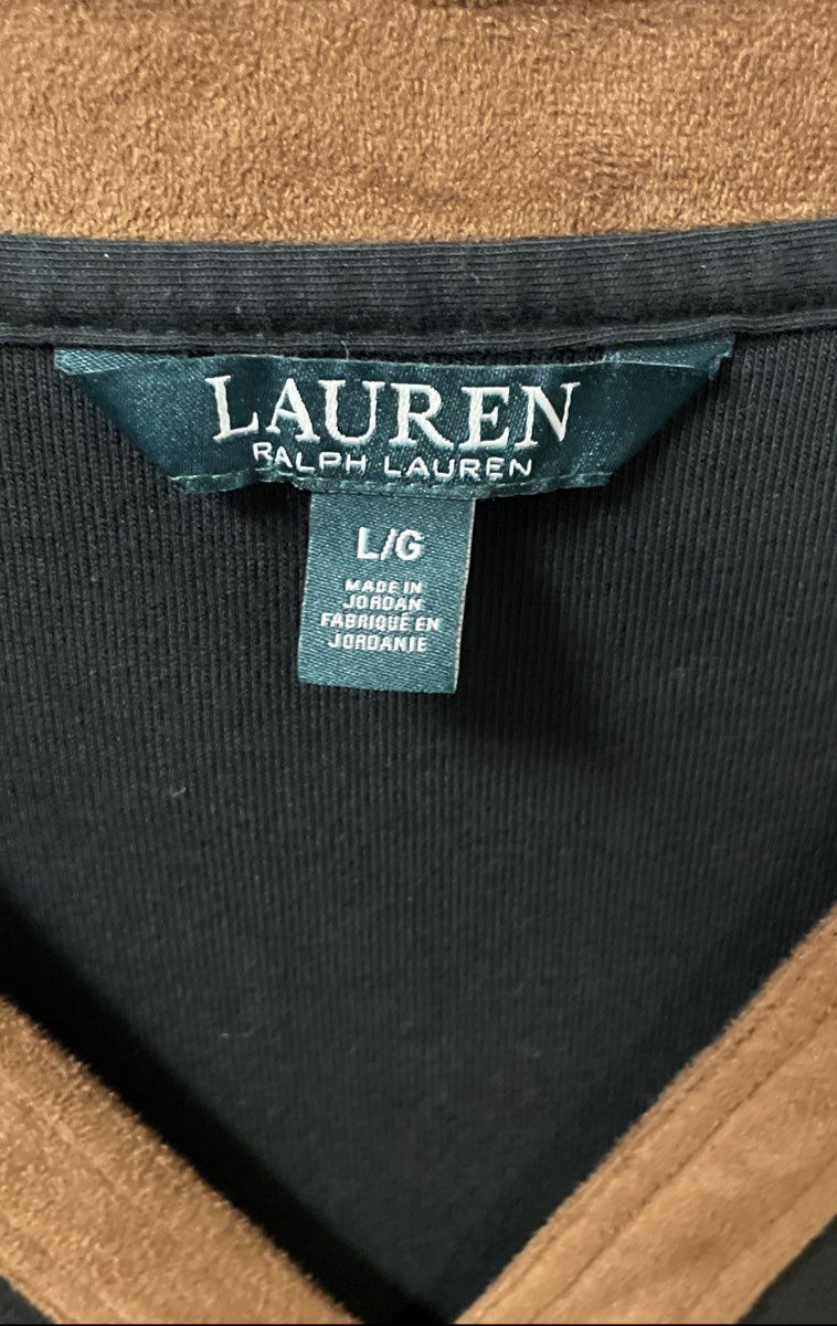 Lauren Ralph Lauren Women's Black V-Neck Shirt Tan Faux Suede Trim Split Hem L