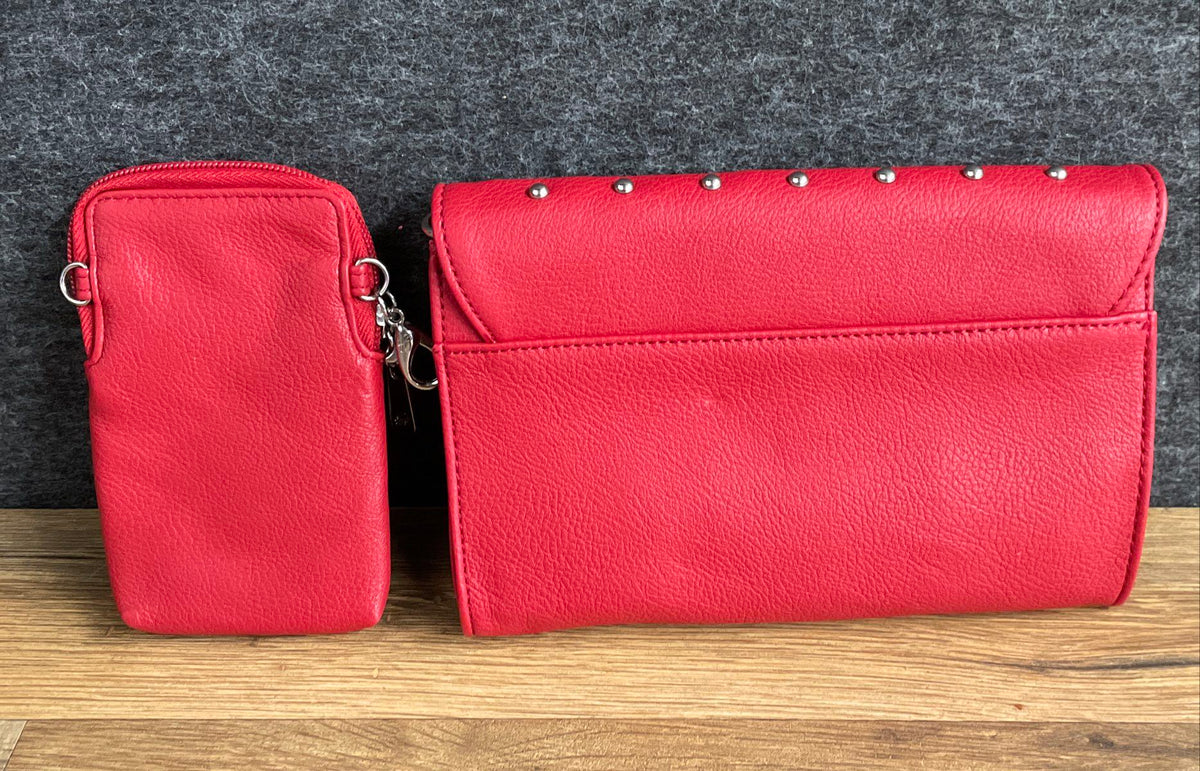 Grace Adele Red Pebbled Satchel Handbag with Studded Pouch & Wallet Set NWT