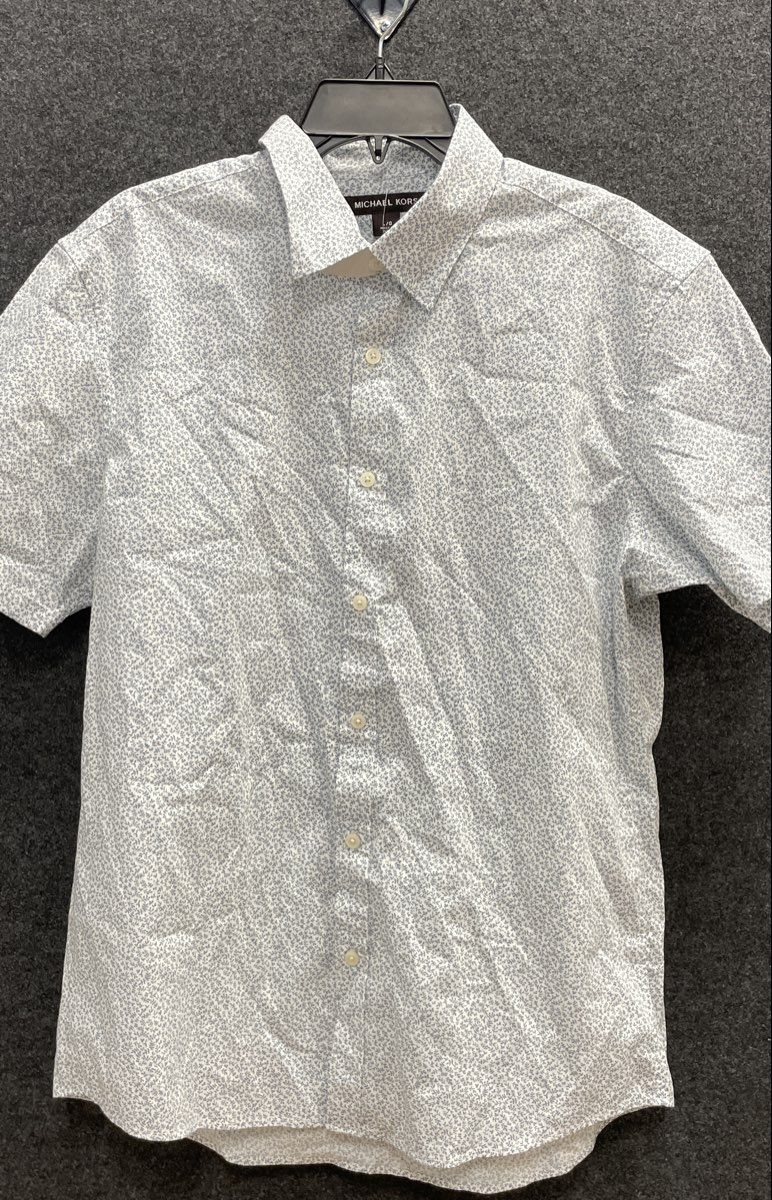 Michael Kors Men's Short Sleeve Button Up Shirt White Blue Floral Slim Fit Sz L
