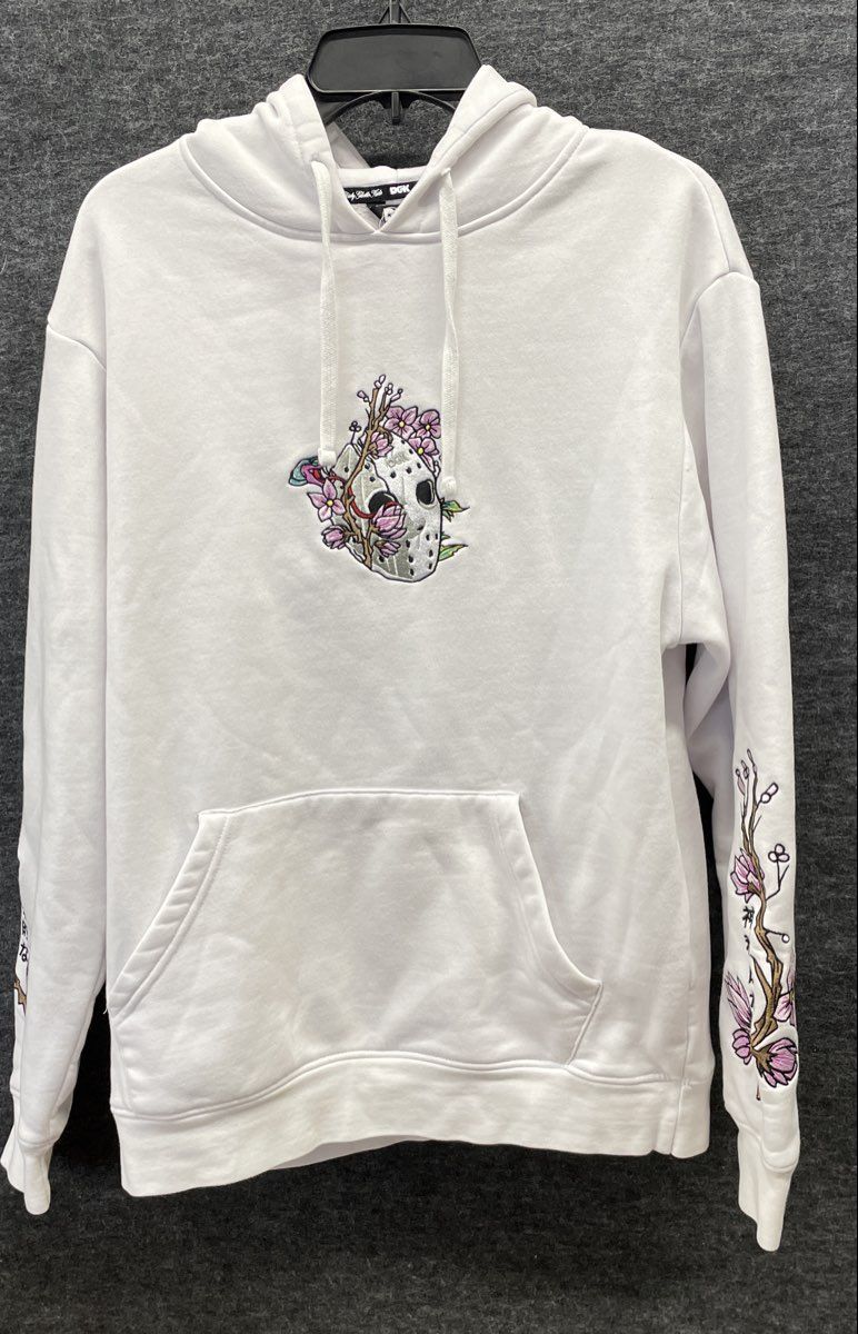 DGK Men's White Pink Floral Jason Hockey Mask Medusa Embroidered Hoodie Sz M