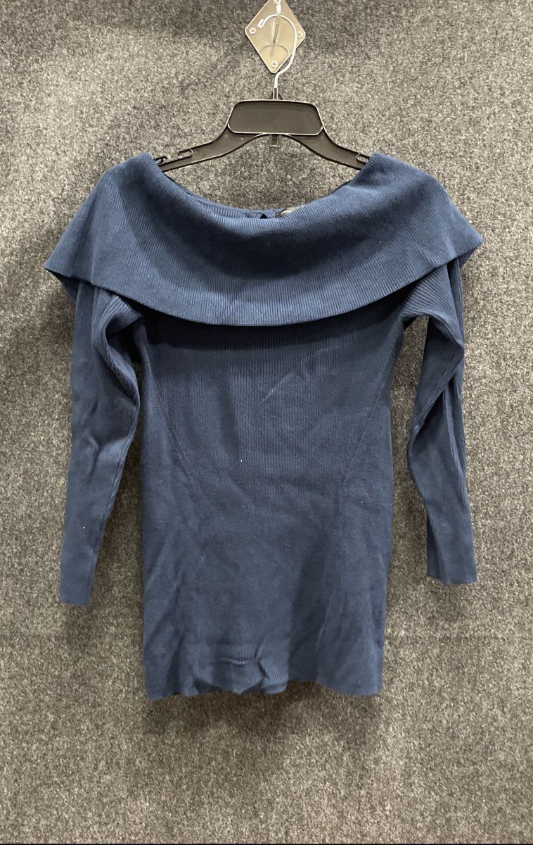 White House Black Market Women's Ribbed Off Shoulder Sweater Blue Keyhole Sz MP