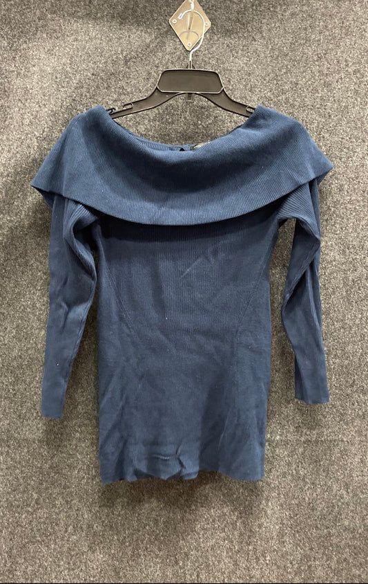 White House Black Market Women's Ribbed Off Shoulder Sweater Blue Keyhole Sz MP