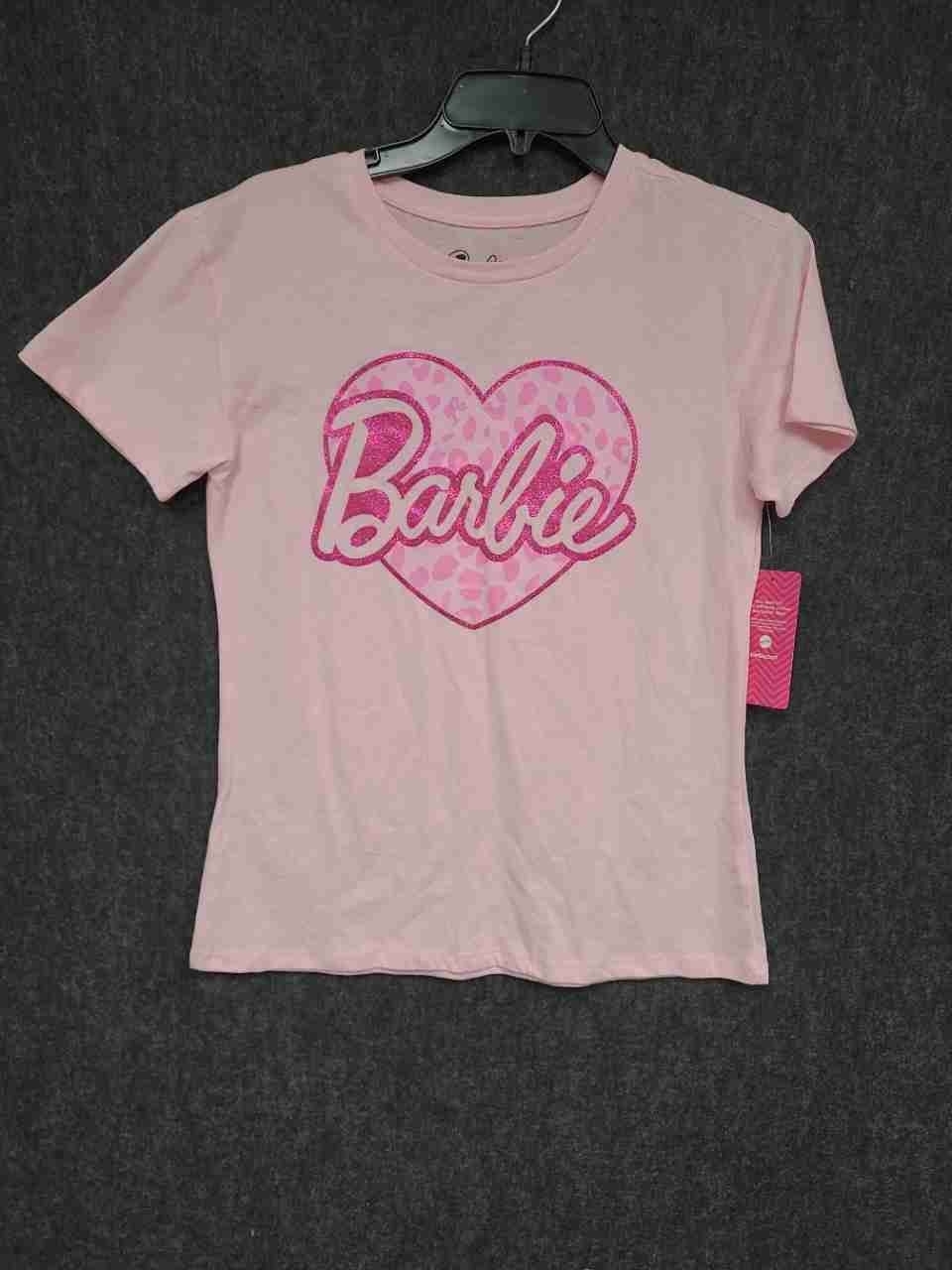 Barbie Girls Pink Glitter Heart Leopard Print Short Sleeve T-Shirt NWT Size 14