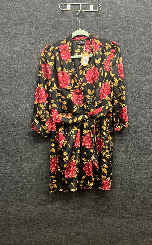 Milk & Honey Women's Floral Long Sleeve Smocked Waist Midi Dress Black Sz L NWT