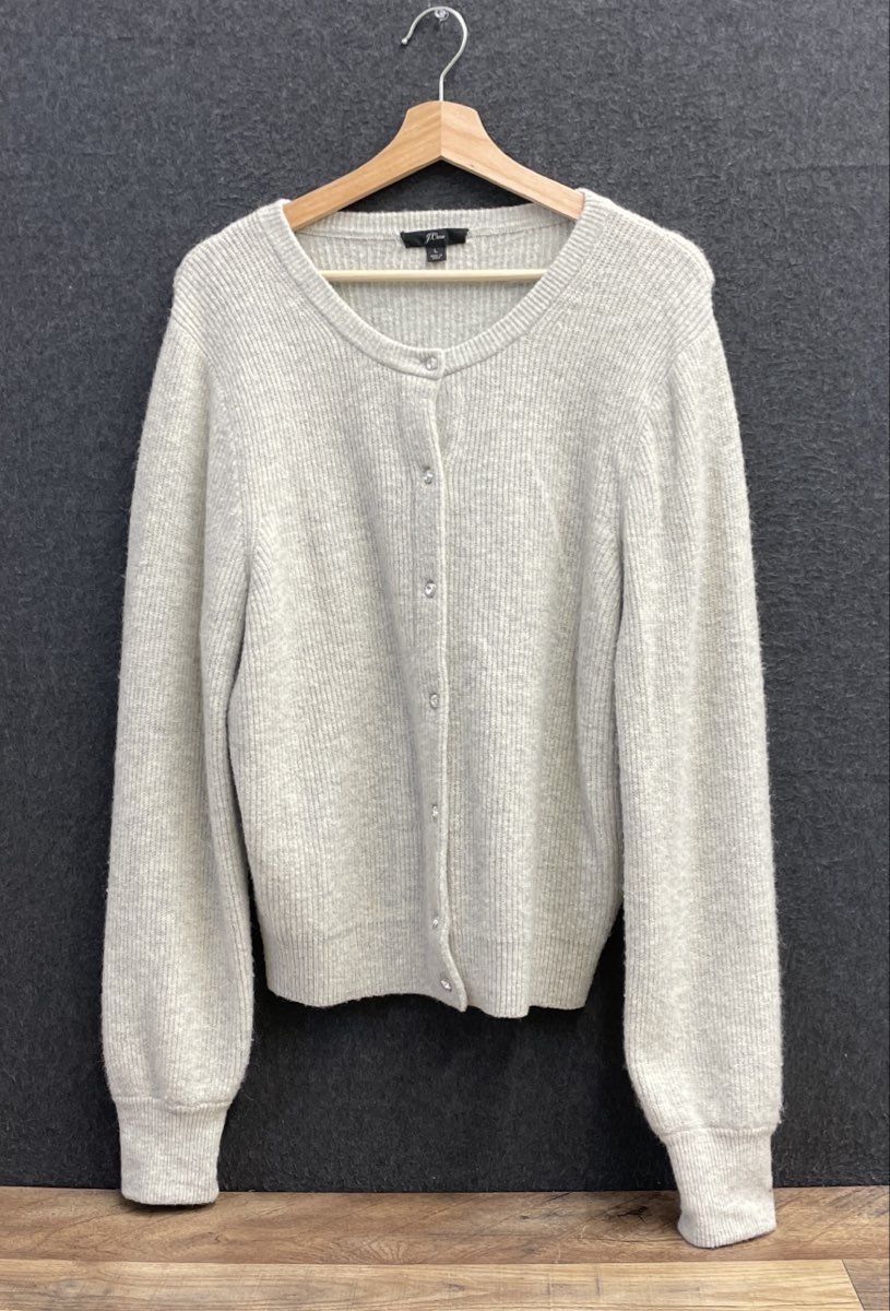 J. Crew Women's Cardigan Gray Wool Alpaca Blend Jeweled Button Ribbed Size L