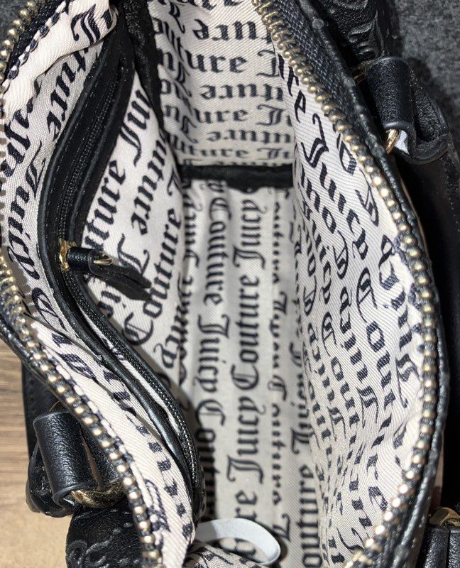 Juicy Couture Black Embossed Rhinestone Logo Satchel Crossbody Bag Gold Tone