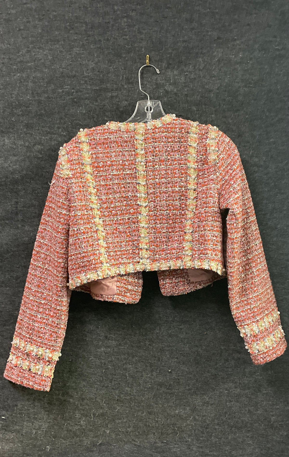 Lian Yi Fang Women's Pink Tweed Boucle Pearl Trim Open Front Jacket Sz L NWT