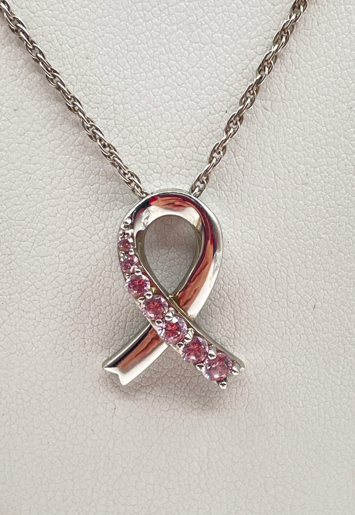 925 Sterling Silver Pink CZ Breast Cancer Awareness Ribbon Pendant Necklace 3.4g