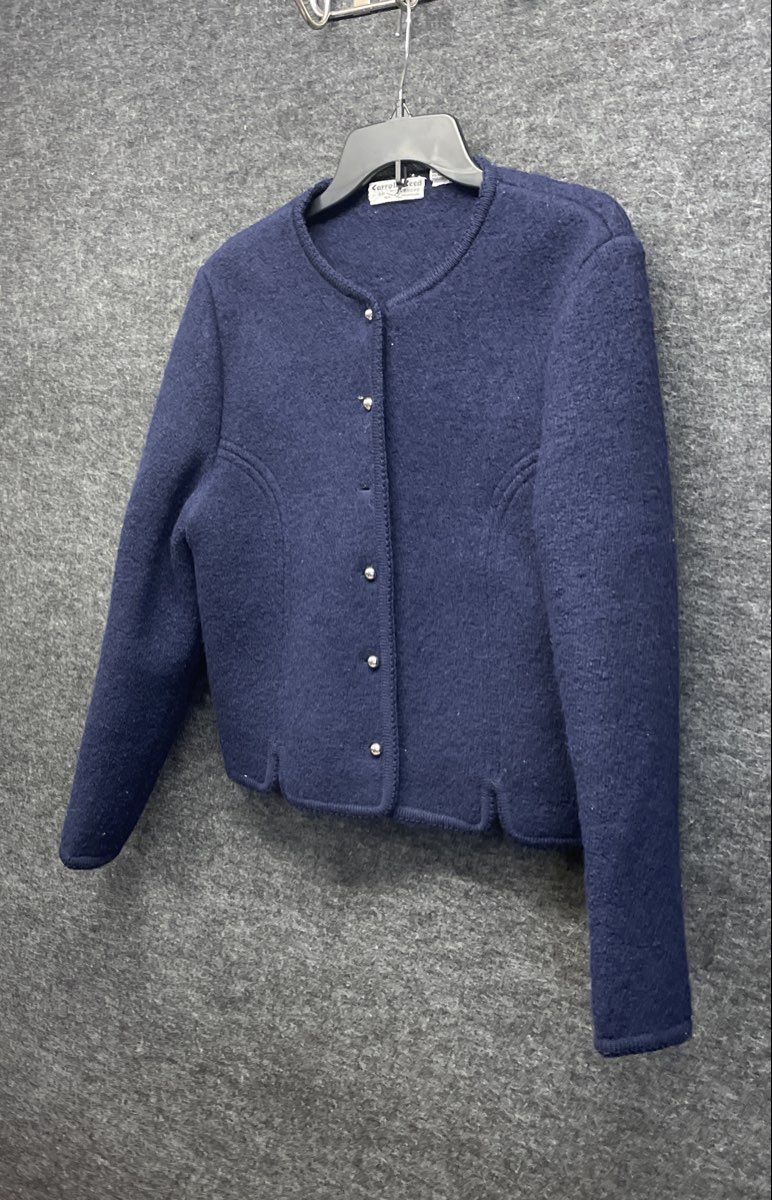 Vintage 80s Carroll Reed Women's Navy Blue Boiled Wool Cardigan Sweater Sz 14