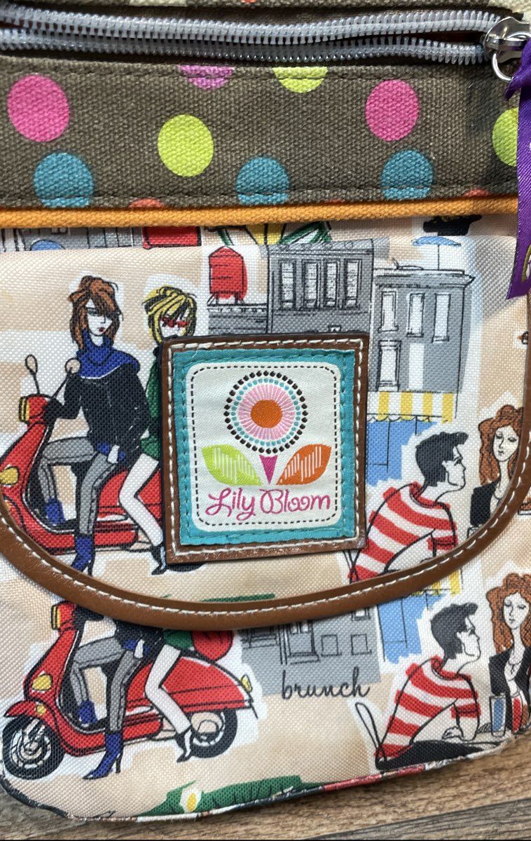 Lily Bloom Scooter City Print Crossbody Bag Multicolor Canvas Polka Dot Trim