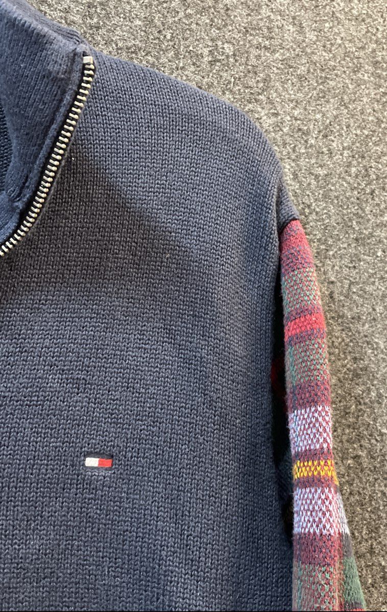Tommy Hilfiger Men's Navy Blue 1/4 Zip Sweater Plaid Tartan Sleeves Cotton Sz L