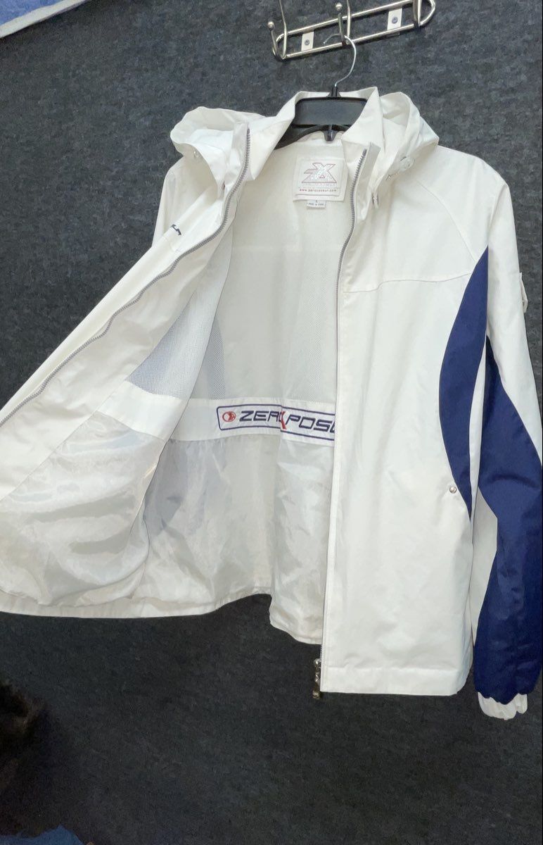ZeroXposur Women's White Blue Hooded Windbreaker Jacket Full Zip Mesh Lined L