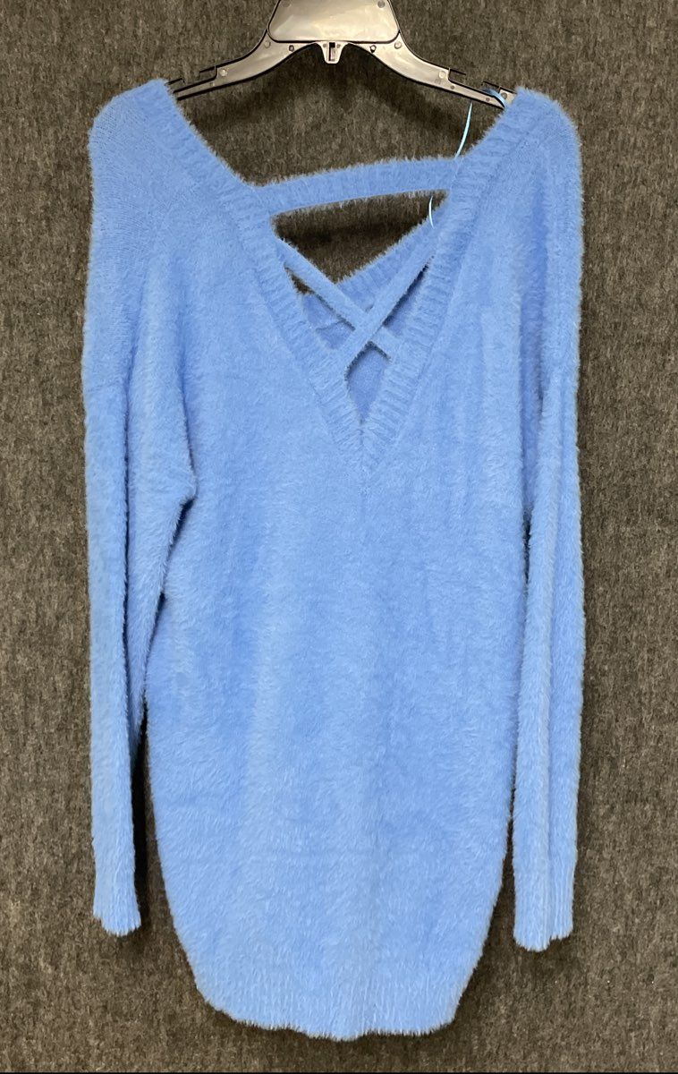 Pink Rose Women's Light Blue Frost Eyelash Knit Fuzzy Criss Cross Back Sweater M