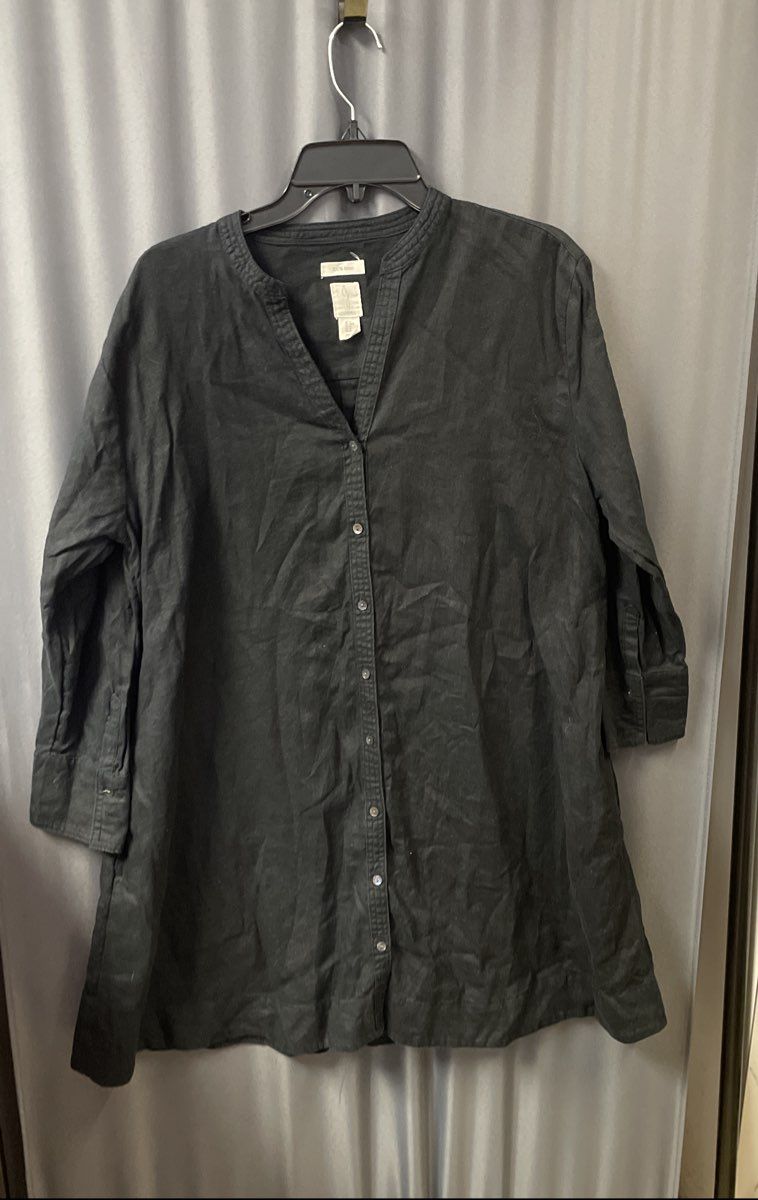 Joie Women's Black 100% Linen Button Front V-Neck Tunic Shirt Sz M