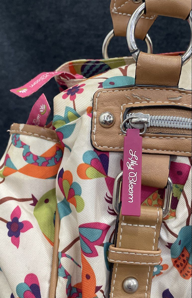 Lily Bloom White Multi-Color Bird Floral Canvas Shoulder Bag Satchel Purse