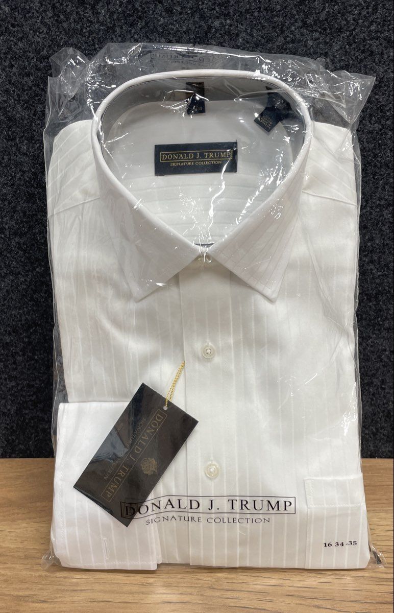 Donald J. Trump Men's Dress Shirt & Tie Set White Striped Cotton Sz 16 34-35