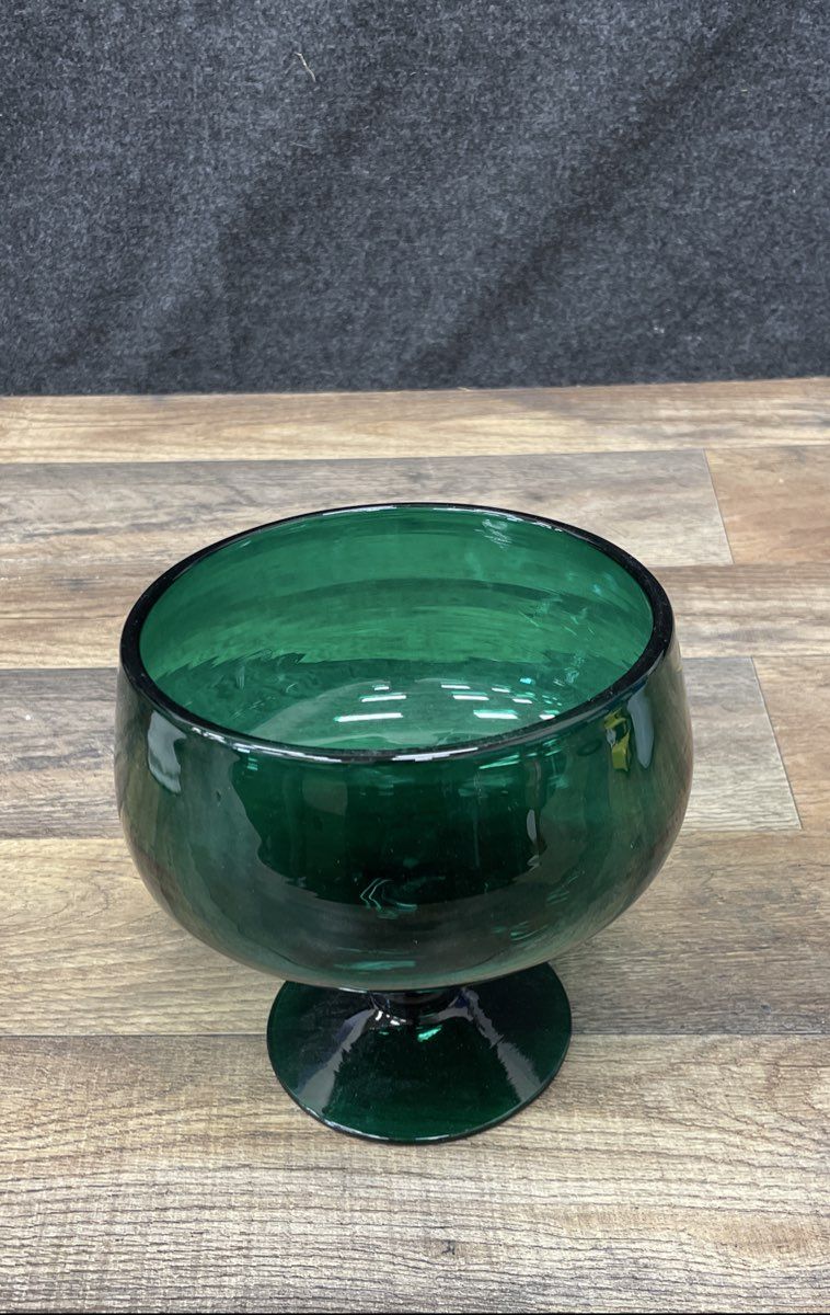 Vintage Art Glass Emerald Green Pedestal Bowl Compote Dish 6" Mid-Century