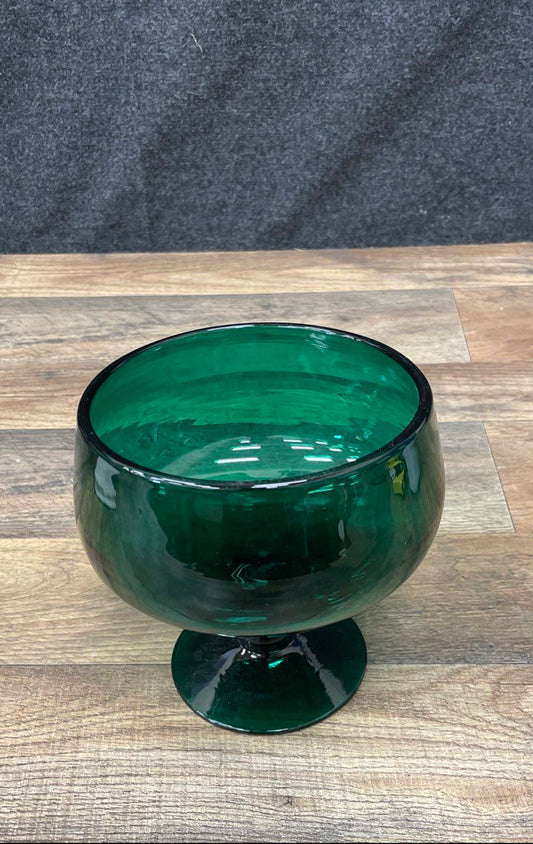 Vintage Art Glass Emerald Green Pedestal Bowl Compote Dish 6" Mid-Century