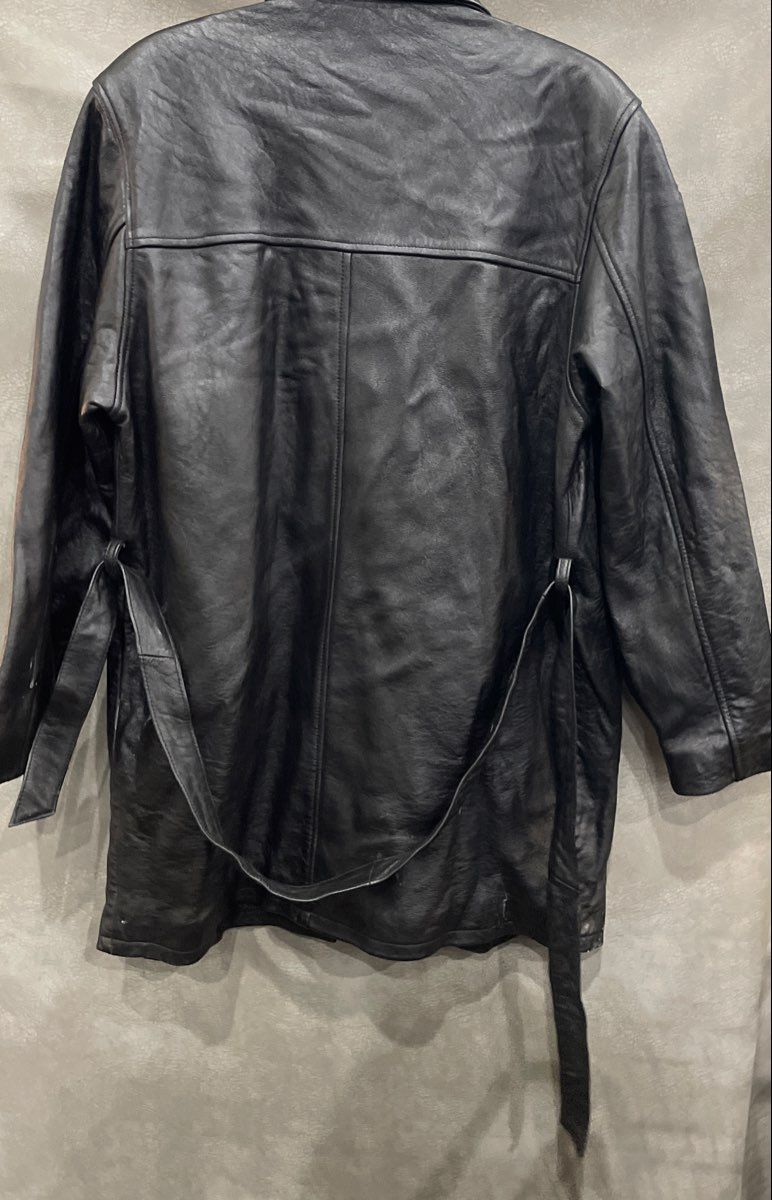 Vintage 90s Black Leather Car Coat Jacket Button Front Belted Back Mid Length