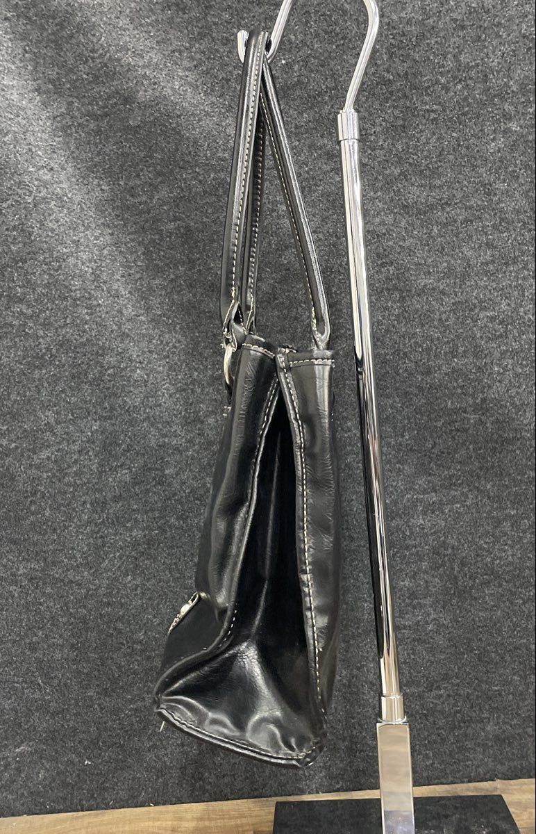 Black Leather Tote Shoulder Bag White Contrast Stitch Silver Hardware 13x10