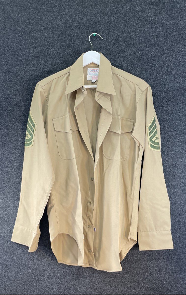Vintage USMC Creighton Khaki Service Shirt Gunnery Sergeant Insignia Sz 16-3