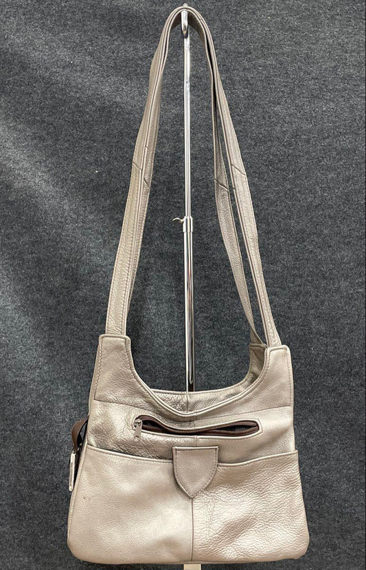 Genuine Grey Pebbled Leather Multi-Compartment Shoulder Bag Triple Zip