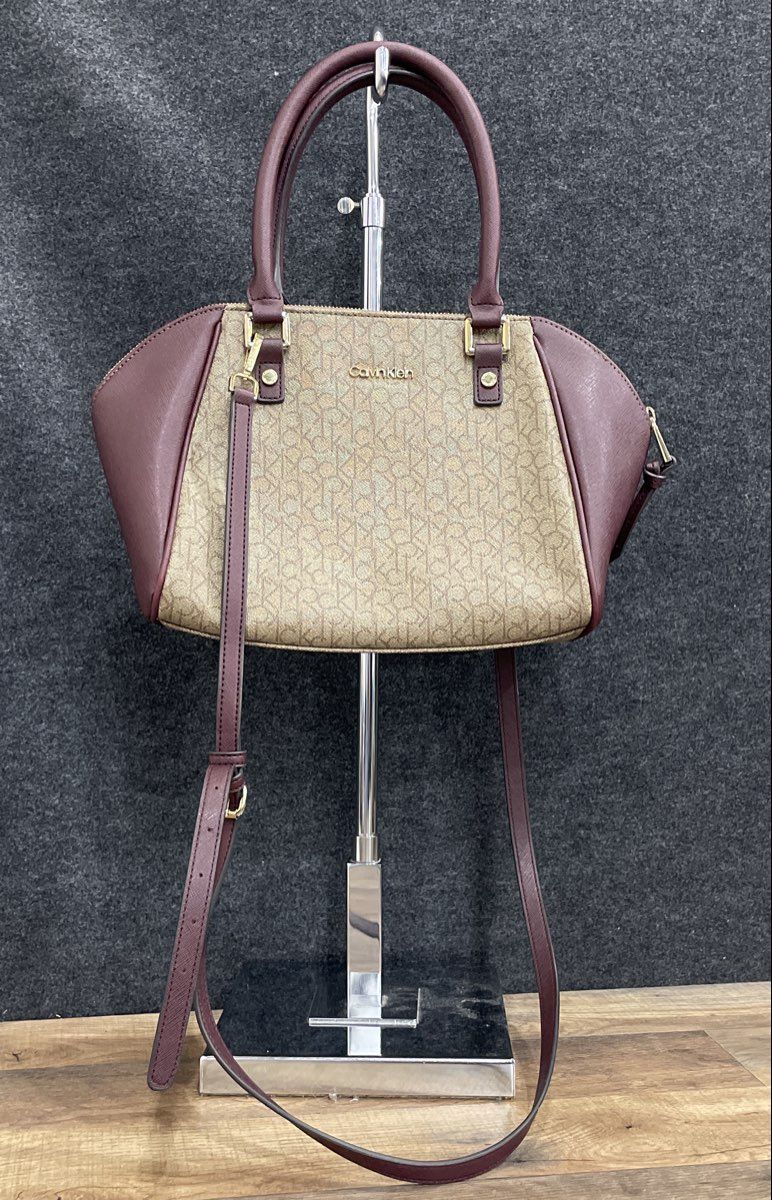 Calvin Klein Cream Maroon Leather Monogram Satchel Purse Crossbody Bag Gold Tone