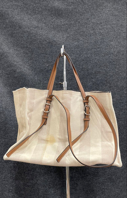 Zara White Striped Fabric Tote Bag Large Shopper Brown Trim Adjustable Straps