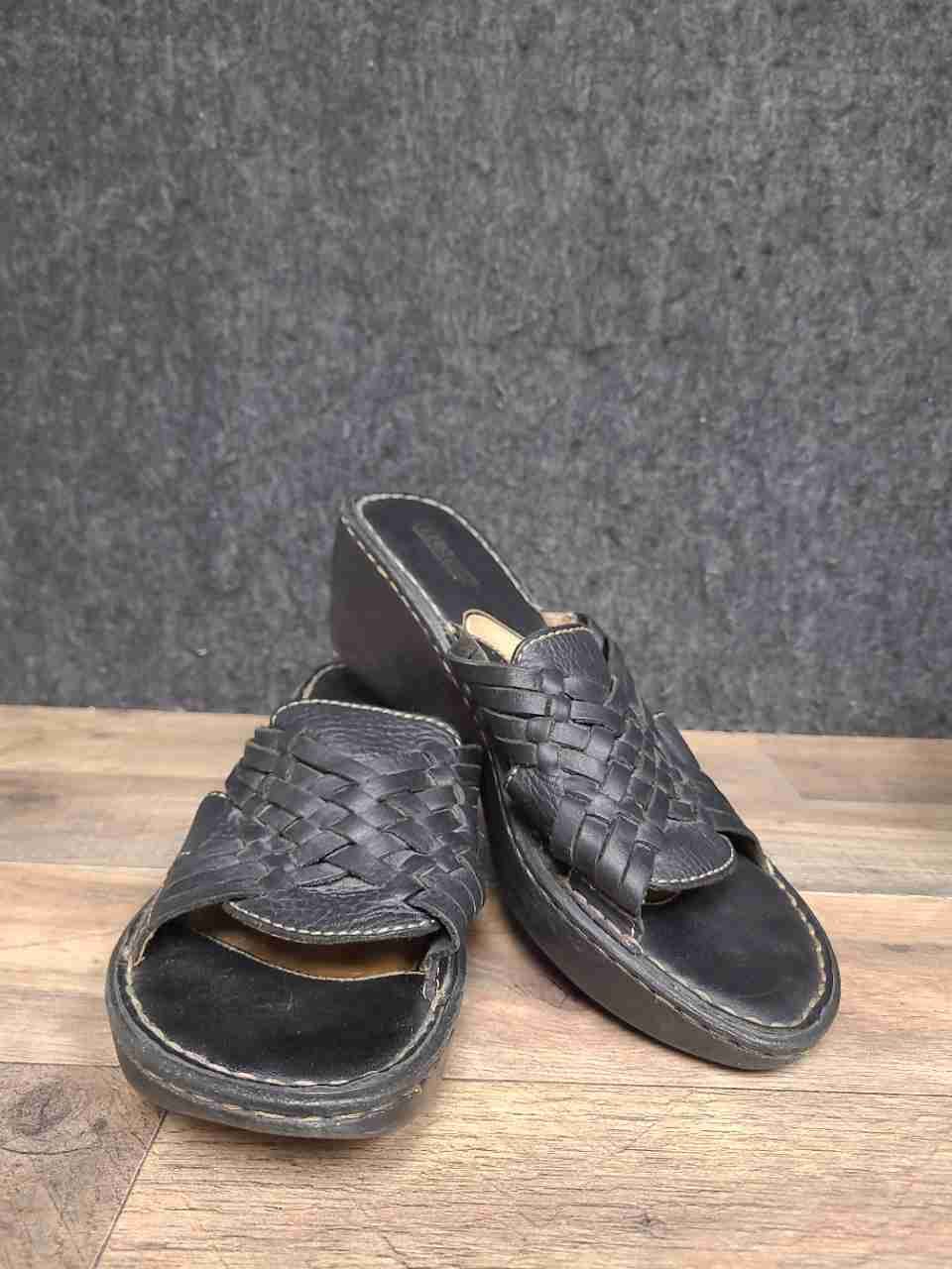 Born W3505 Woven Leather Wedge Slide Sandals Black Women's Size 9