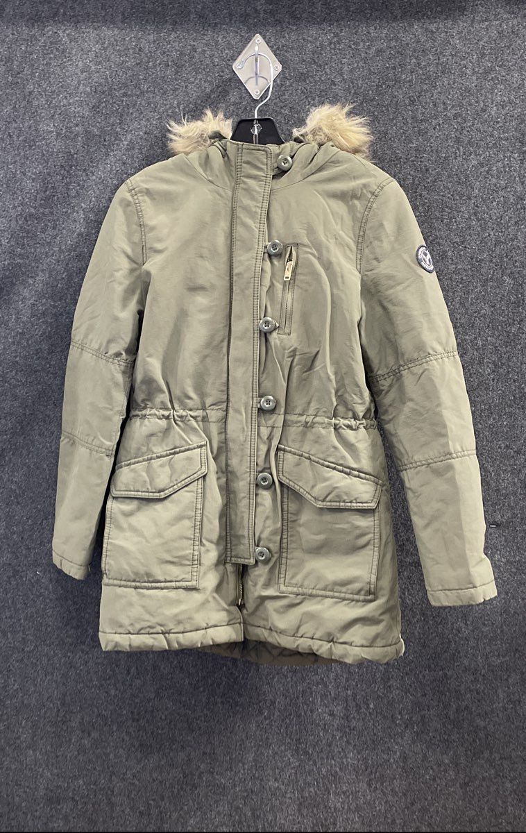 American Eagle Outfitters Women's Green Parka Jacket Sherpa Faux Fur Hood Sz S