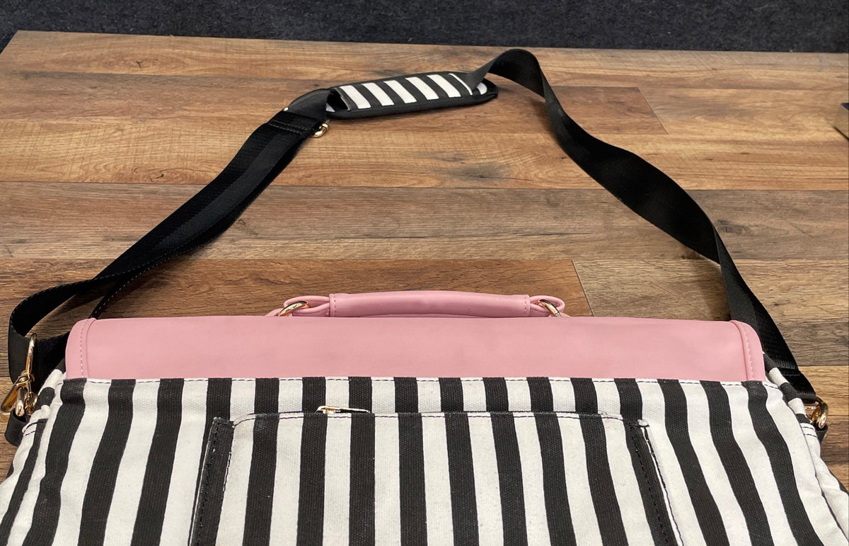 Lovevook Pink Black White Striped Leather Messenger Laptop Bag Crossbody