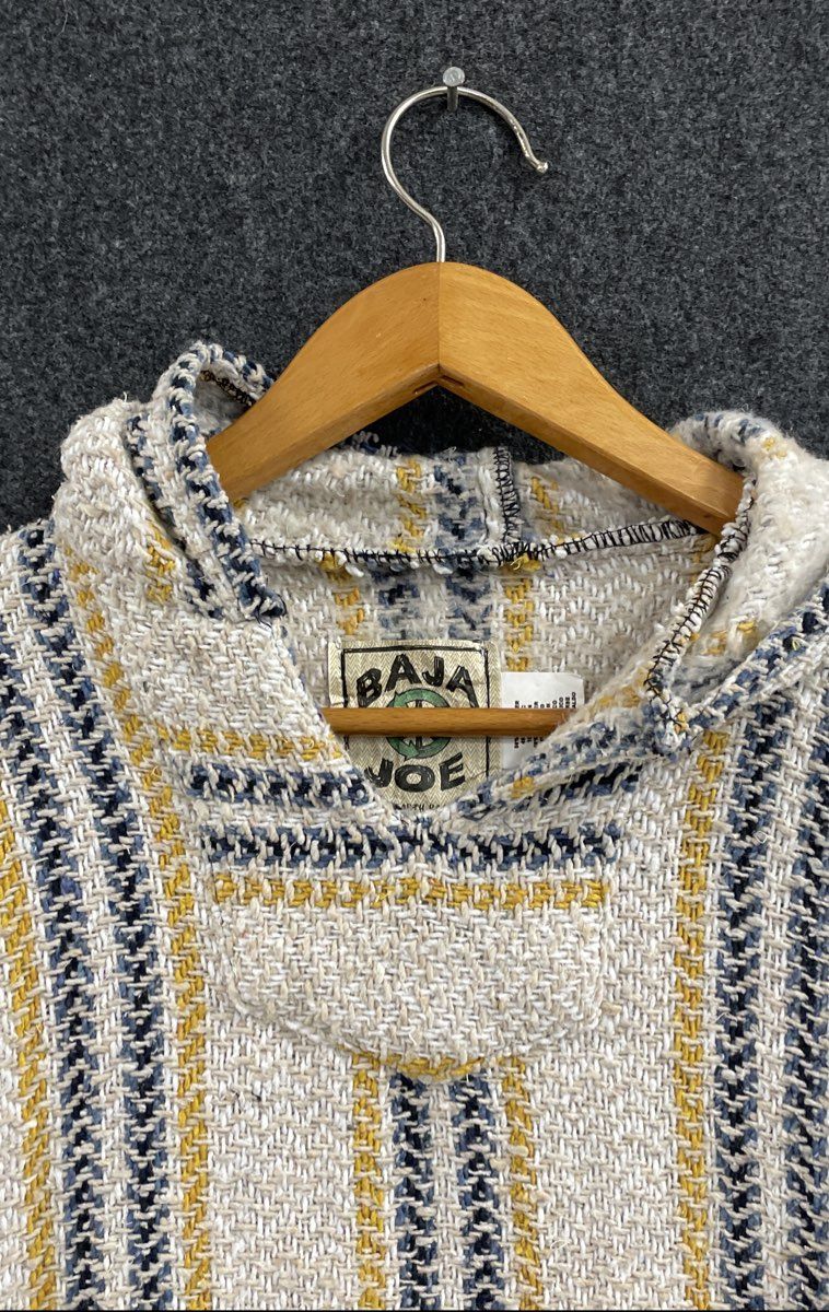 Baja Joe Men's Mexican Jerga Hoodie Cream Yellow Blue Striped Pullover Sz L