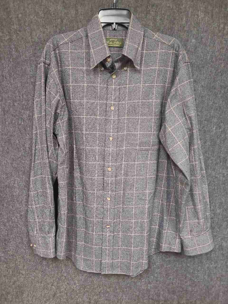 Orvis Men's Gray Plaid Houndstooth Cotton Wool Button Down Shirt Sz L