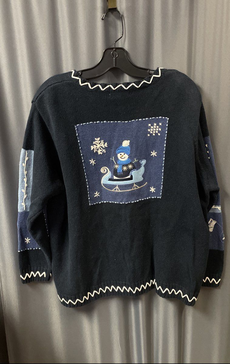 Dress Barn Woman Blue Winter Zip-Up Cardigan Snowflake Snowman Sz 14/16