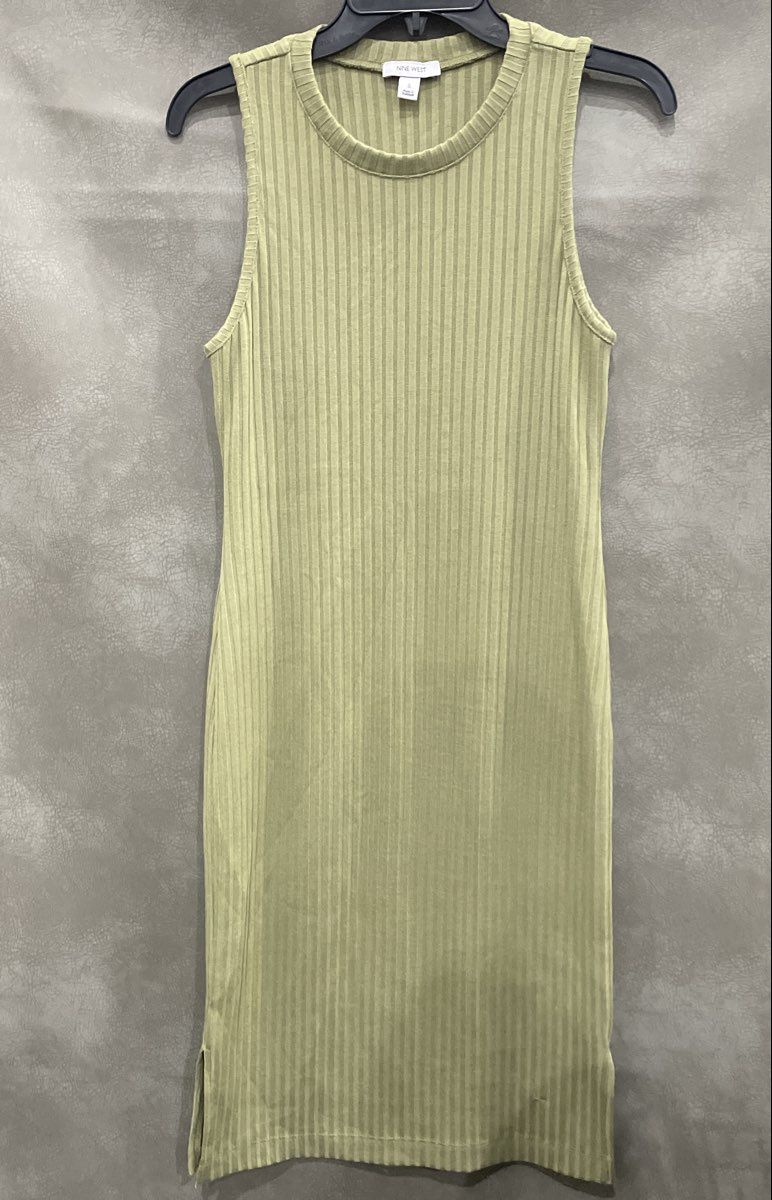 Nine West Women's Green Ribbed Sleeveless Side Slit Sheath Dress Sz S