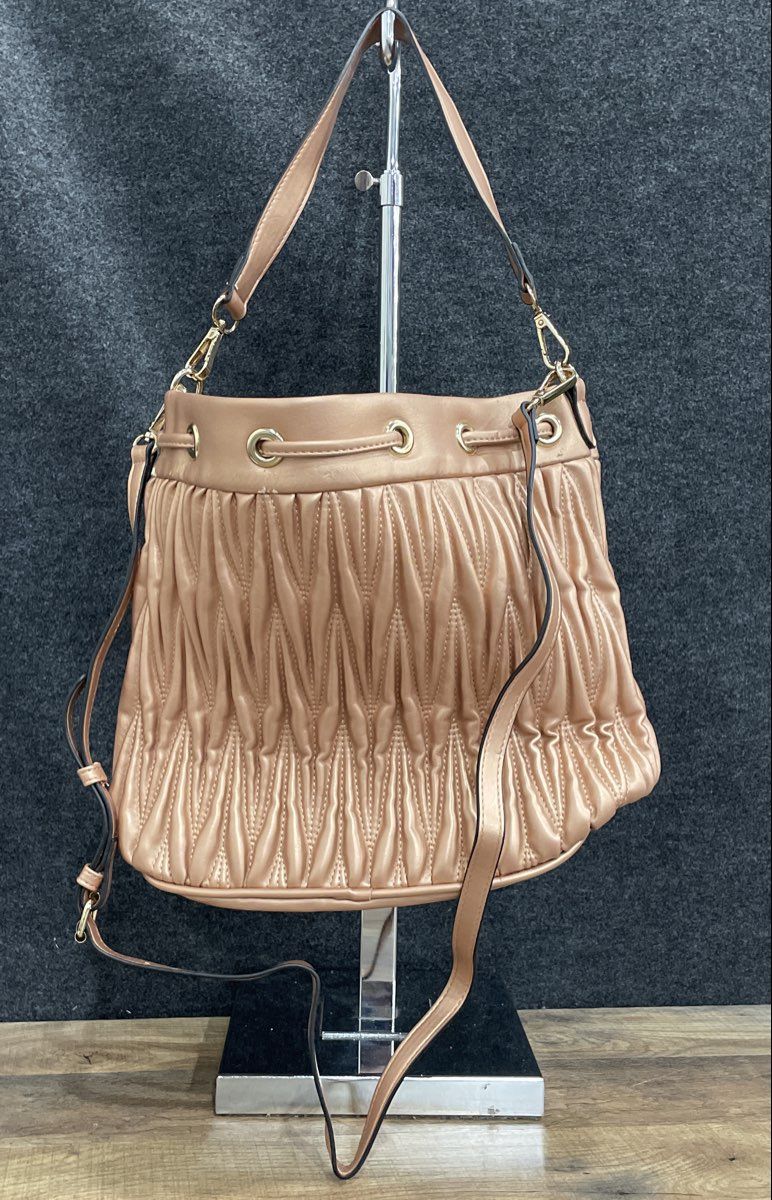 Pink Leather Quilted Tassel Bucket Bag Rose Gold Crossbody Handbag Large