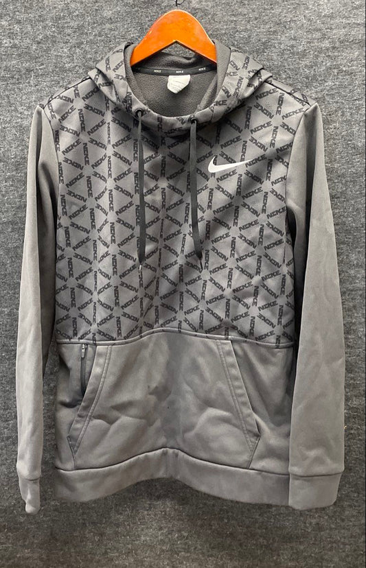 Nike Men's Grey Therma-FIT Allover Logo Print Fleece Hoodie Pullover Sz M