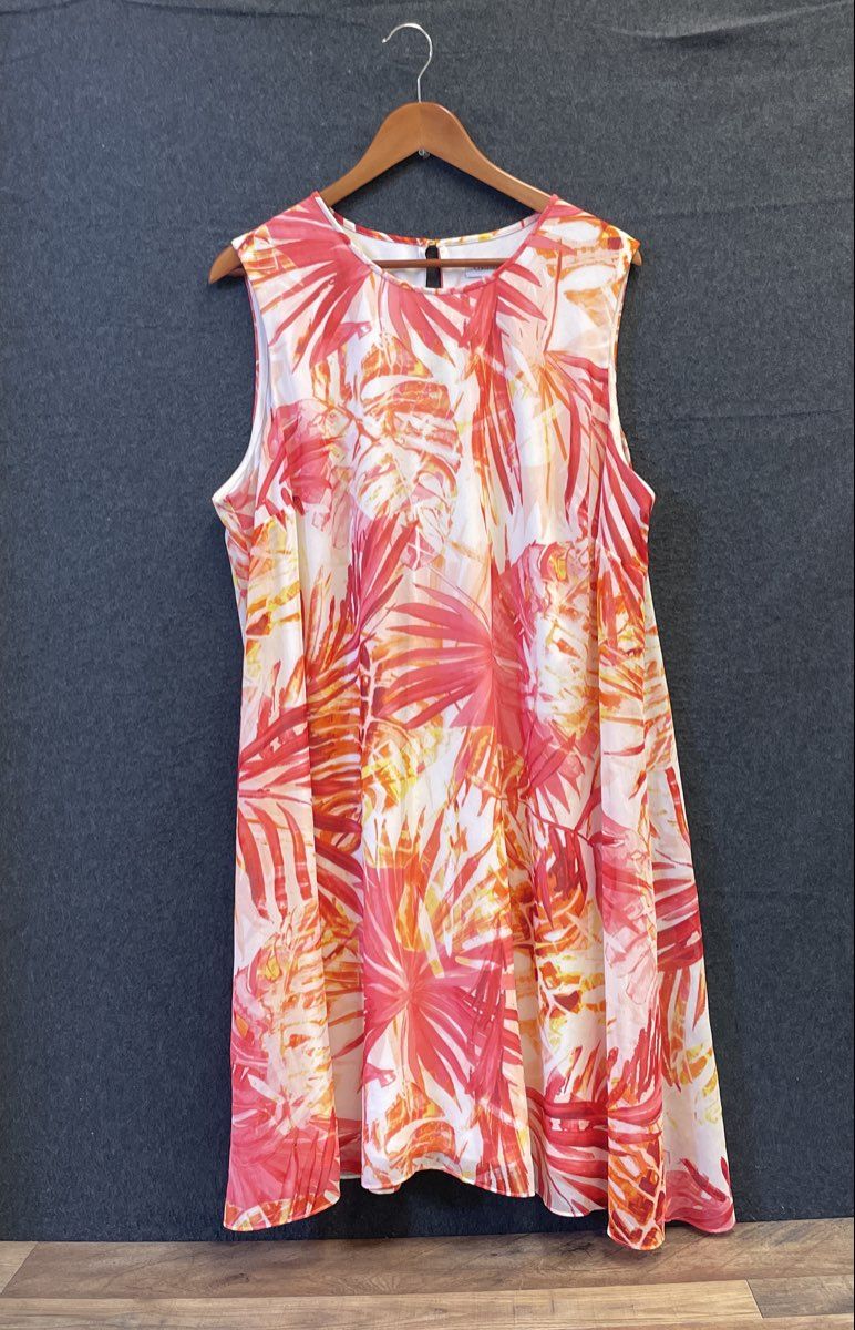 Calvin Klein Women's Lightweight Leaf Print Sleeveless Dress Orange Pink Sz 20W