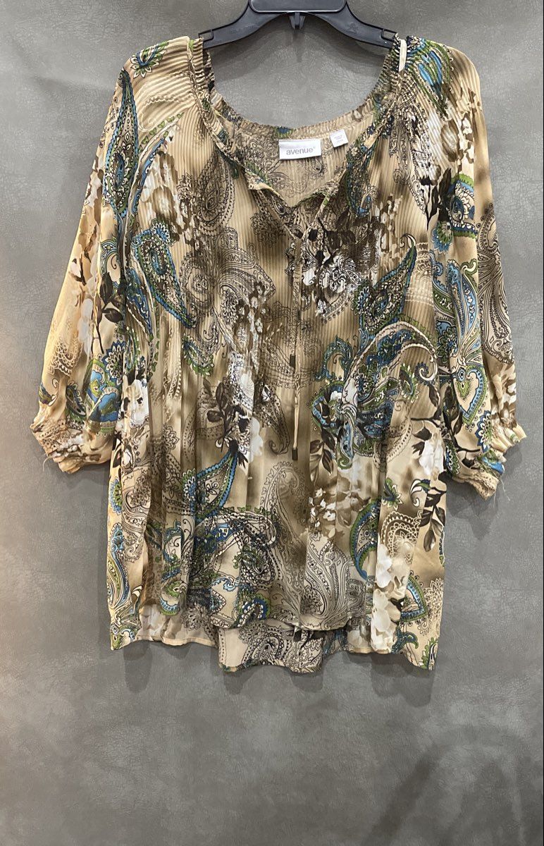 Avenue Women's Brown Geometric Paisley Pleated Tie Neck Blouse Tunic Sz 22/24
